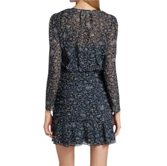 Veronica Beard 100% Silk Floral Long Sleeve Ruched Mini Dress Size 6 Party Blue - Picture 6 of 14